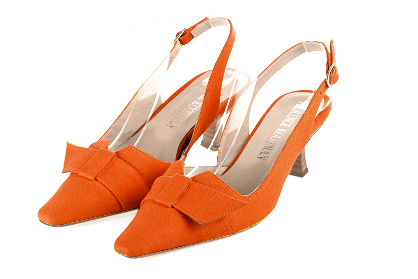 French elegance and refinement for these clementine orange dress slingback shoes, with a knot, 
                available in many subtle leather and colour combinations. The pretty French spirit of this beautiful pump will accompany your steps nicely and comfortably.
To be personalized or not, with your materials and colors.  
                Matching clutches for parties, ceremonies and weddings.   
                You can customize these shoes to perfectly match your tastes or needs, and have a unique model.  
                Choice of leathers, colours, knots and heels. 
                Wide range of materials and shades carefully chosen.  
                Rich collection of flat, low, mid and high heels.  
                Small and large shoe sizes - Florence KOOIJMAN